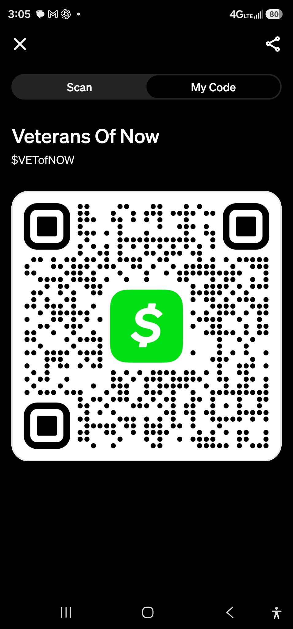 Cash App QR code for Veterans Of Now, $VETofNOW